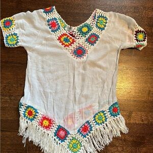 India boutique size small white gauze crochet trim fringe top
